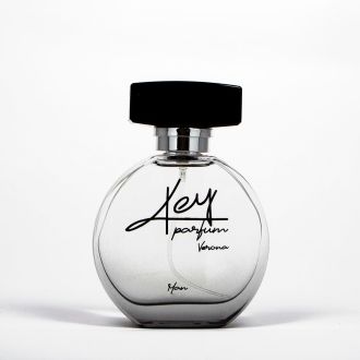 frasco de vidro arredondado preto, gravado Key Parfum Man, tampa retangular preta